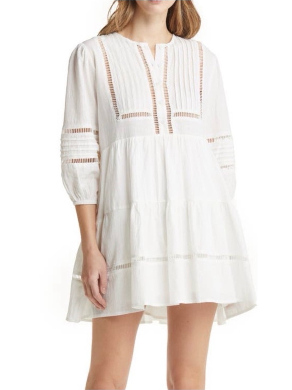 Vici White Tiered Mini Dress with Pintuck & Lace Insets